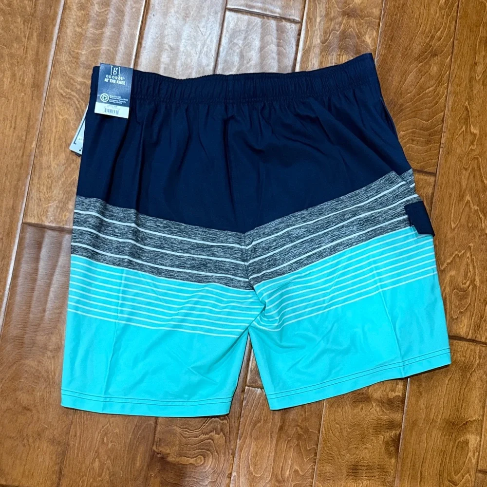 NWT Size Small George Aqua Stripes Stretch 9” Swim Trunks